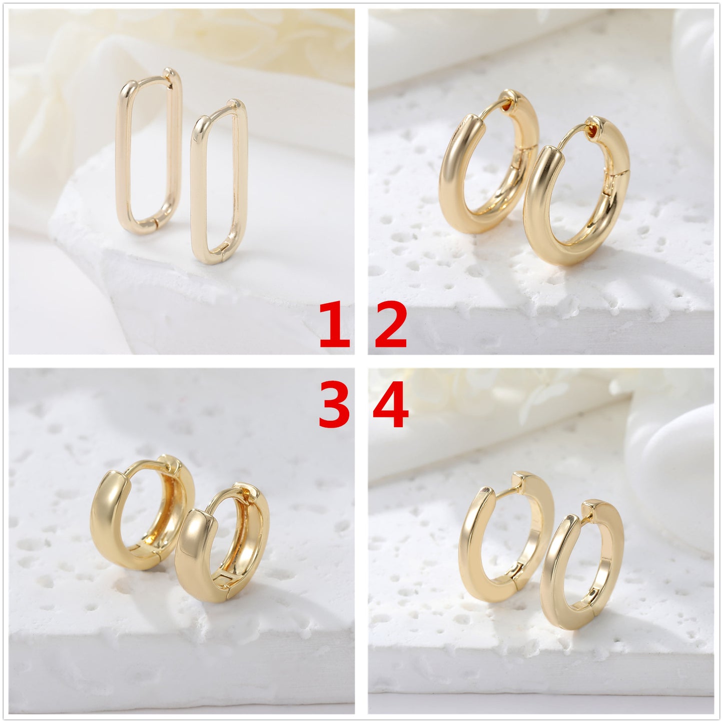 4 boucles d'oreilles créoles rondes rectangulaires brillantes 14K GF Earing