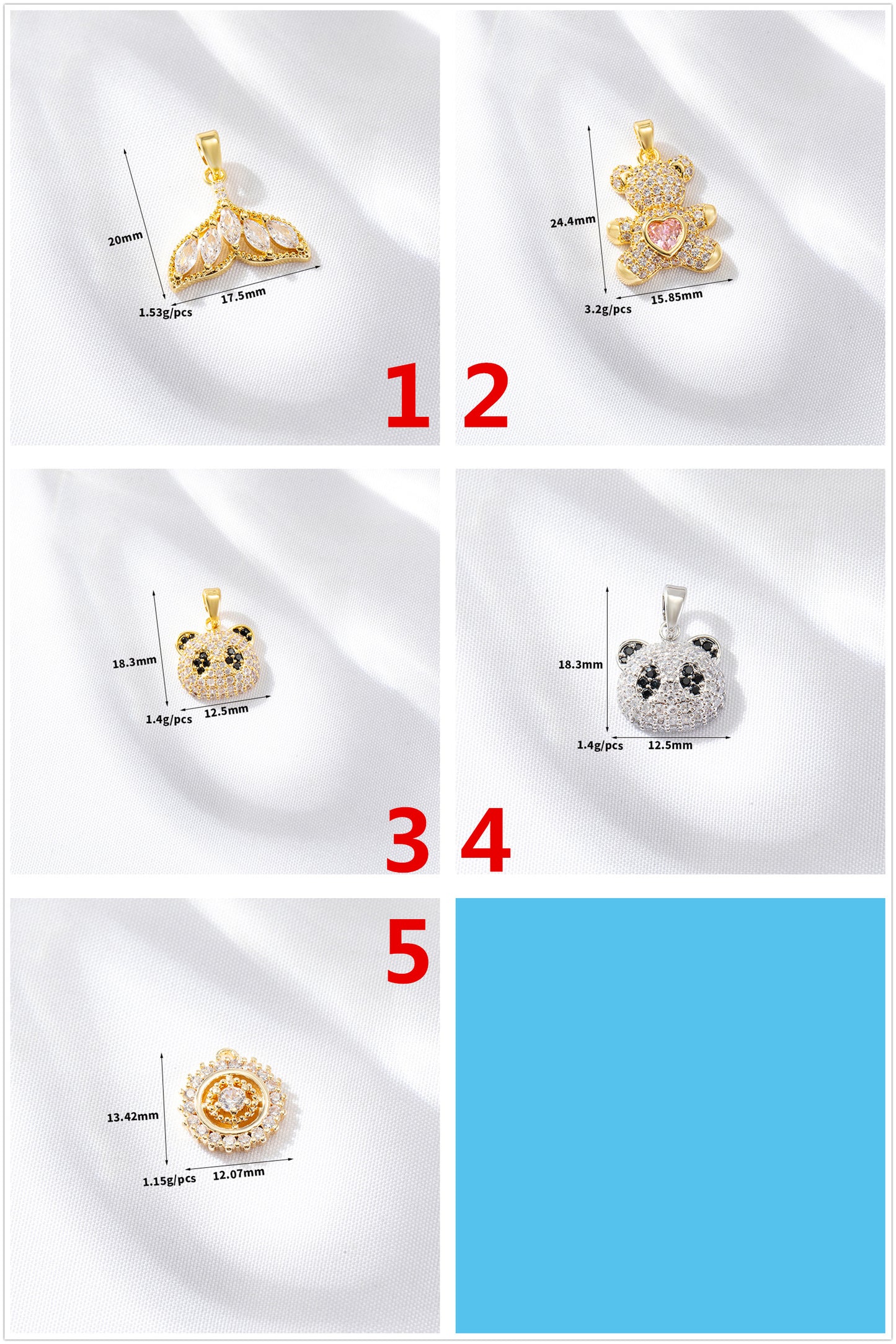 2 Sirène Baleine Queue Ours Panda Floral Charm Pendentif Strass Embelli 14K GF