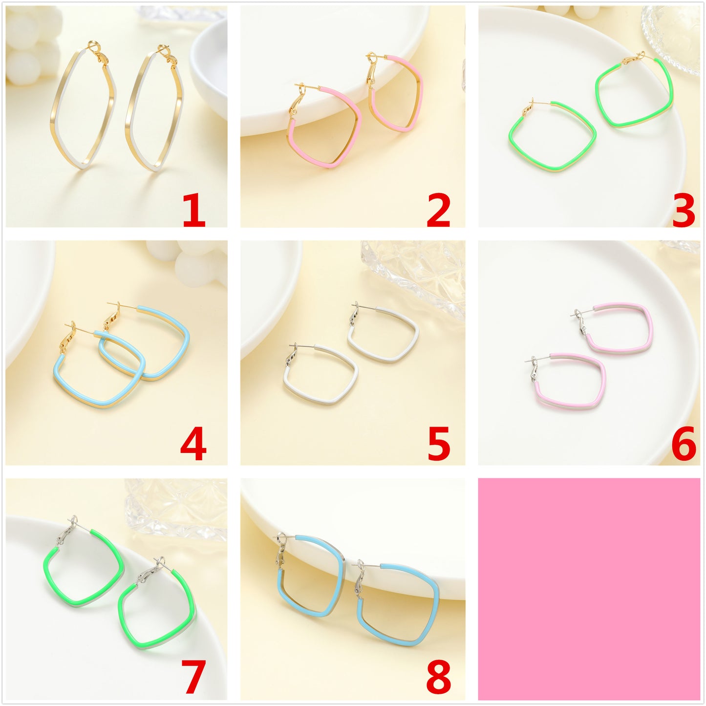 4 Square Circle Hoop Earrings Enamel Epoxy 14K GF Earing