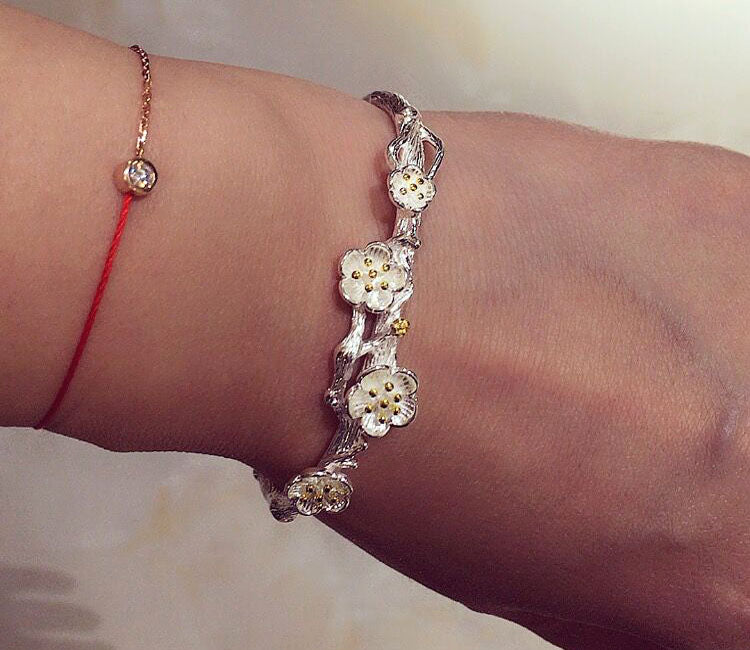 Bracelet floral prune en argent sterling à cercle ouvert S925