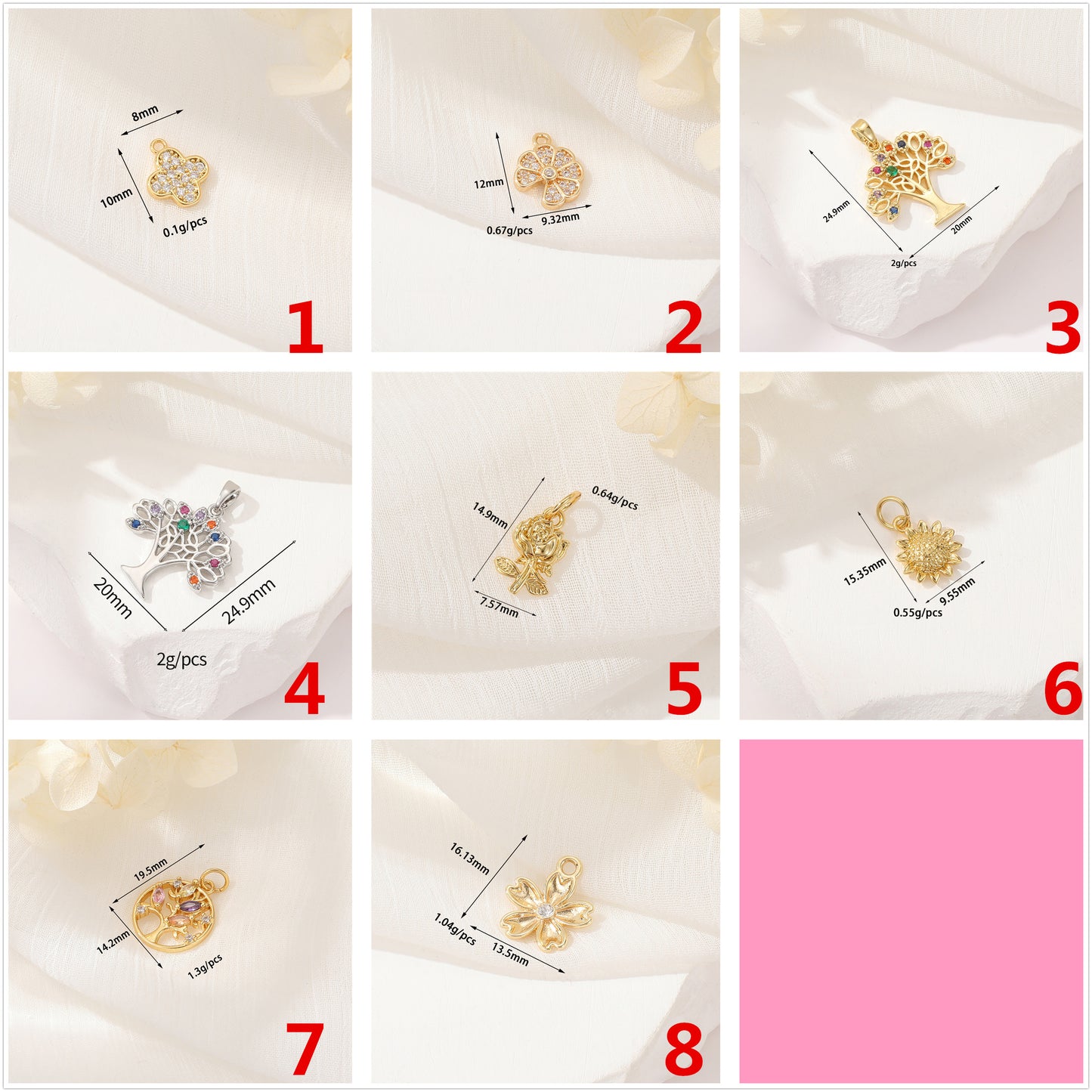 2 Blumen-Charm-Anhänger mit orangefarbener Baumrose, Strassverzierung, 14-karätiges GF