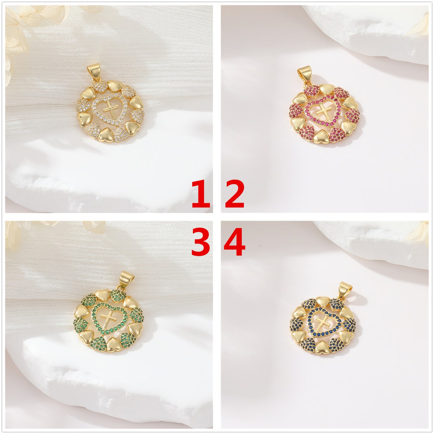 2 Round Cross Heart Charm Pendant Rhinestone Embellished 14K GF