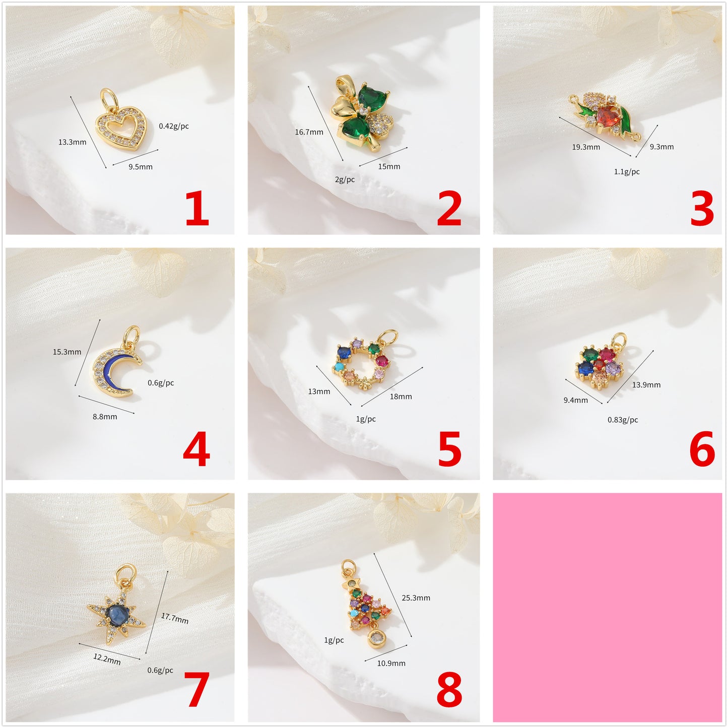 2 coeur floral lune cercle étoile arbre de Noël pendentif à breloque strass embelli 14K GF