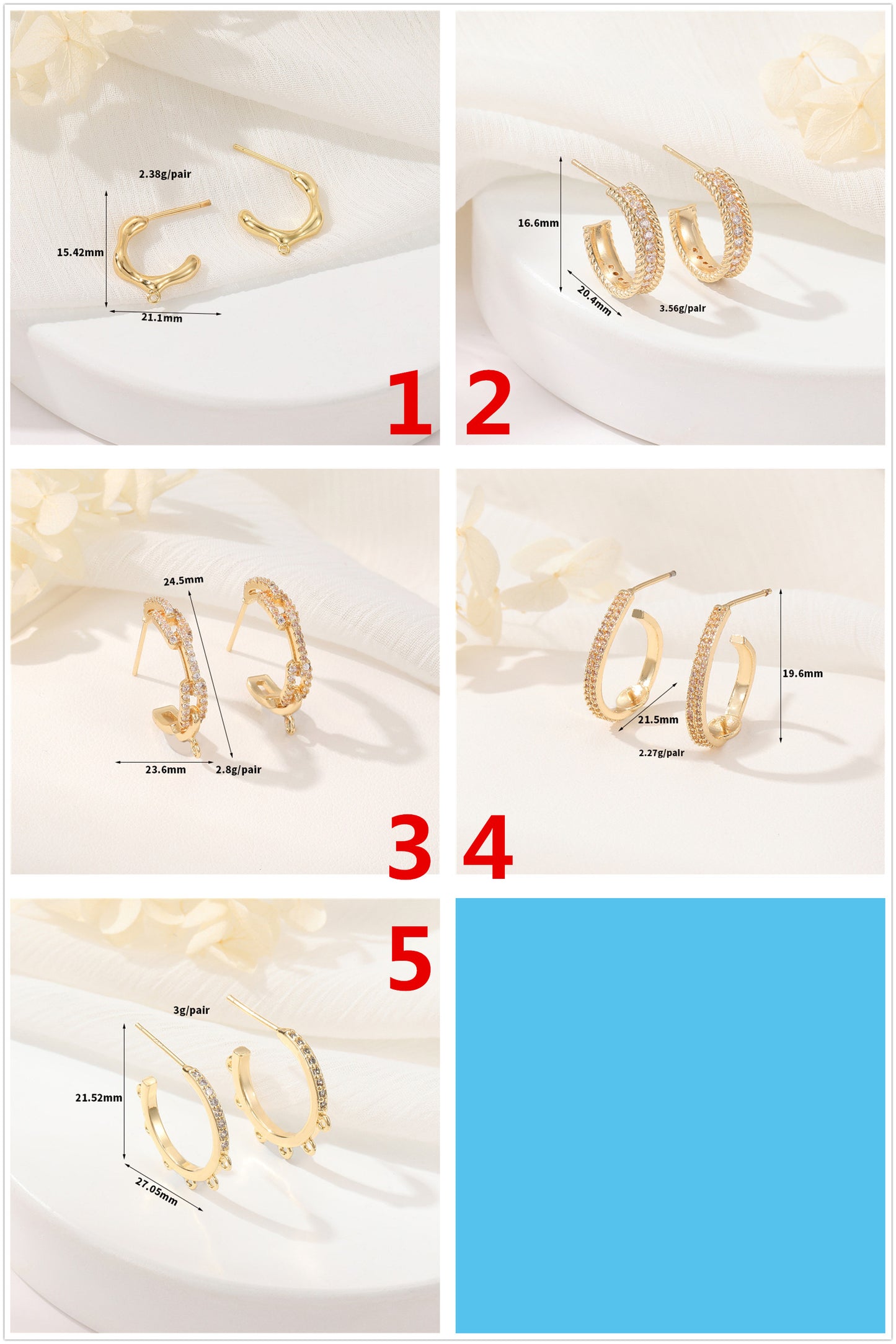 4 boucles d'oreilles à tige en demi-cercle avec perle en boucle et strass vierges ornés de strass 14 carats GF