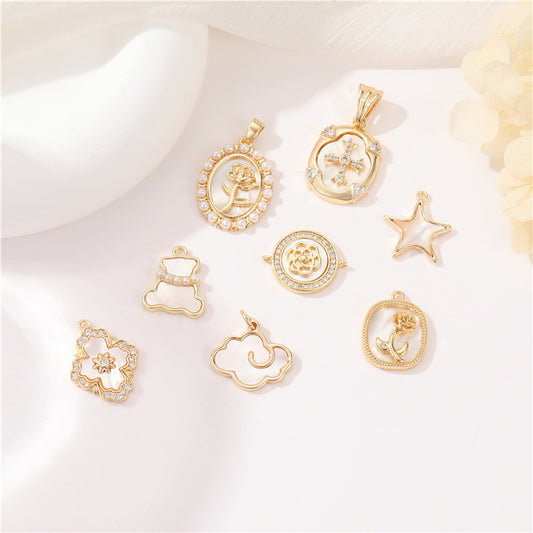 2 Kreuz Rose Wolke Stern Bär Blumen Charm Anhänger Strass Muschel verziert 14K GF