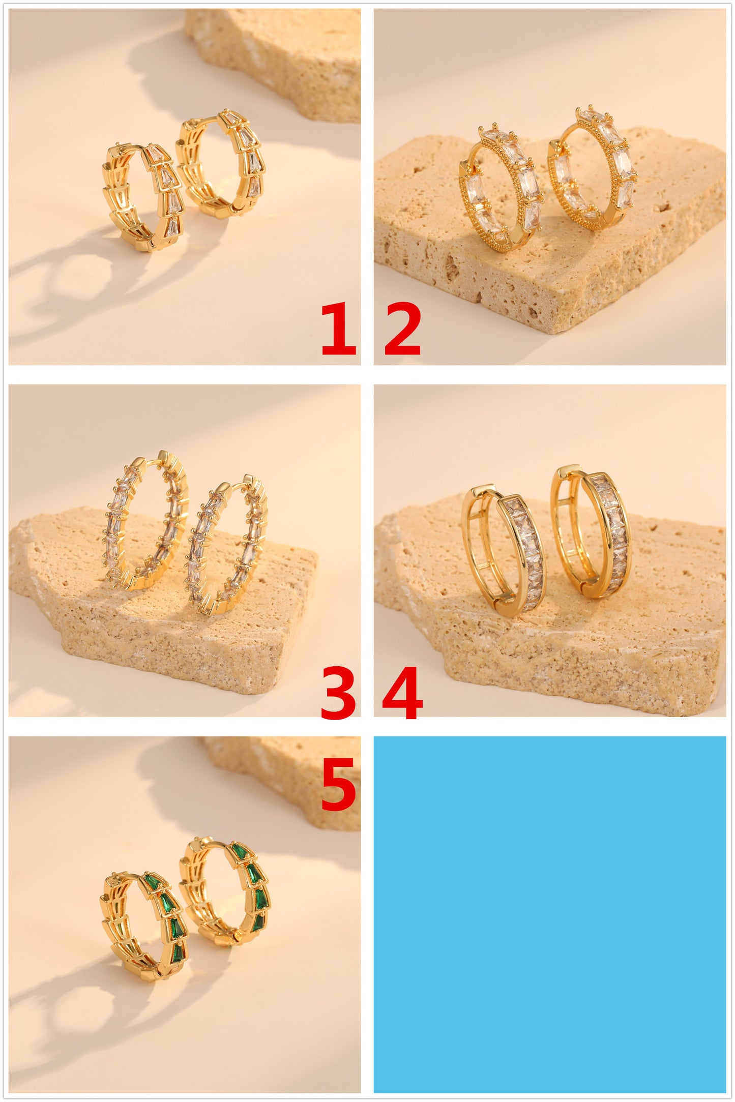 4 boucles d'oreilles rondes trapézoïdales rectangulaires ornées de strass 14K GF
