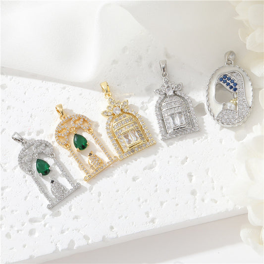 2 Cage à oiseaux Beauty Girl Charm Pendentif Strass Embelli 14K GF