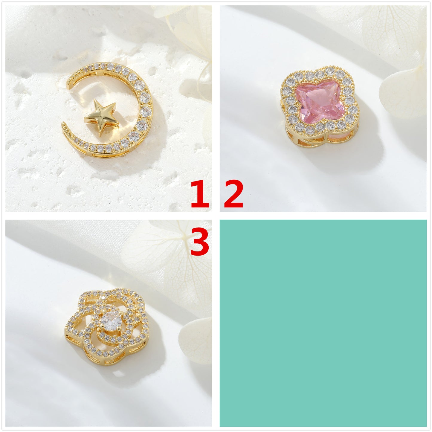 Pendentif à breloque florale 2 lunes orné de strass 14K GF