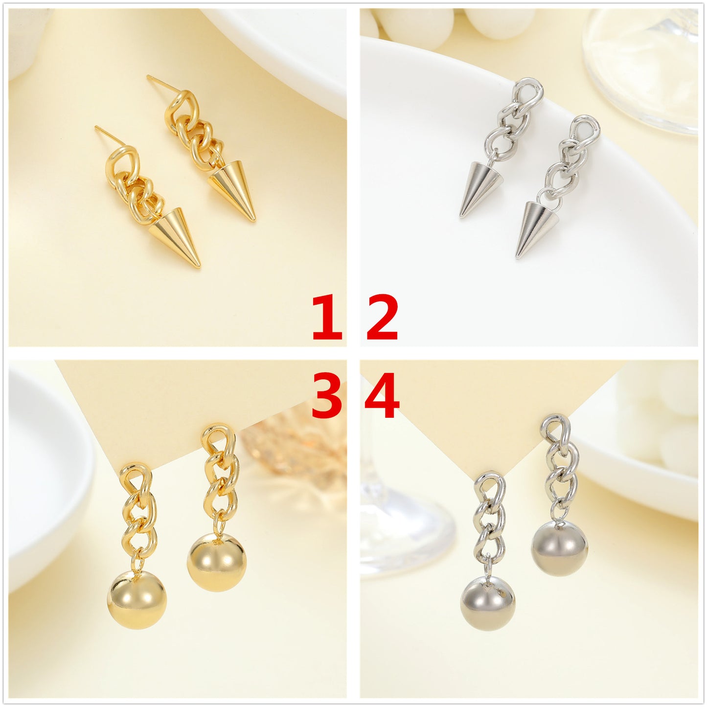 4 Cable Chain Cone Sphere Drop Charm Stud Earrings 14K GF Earing