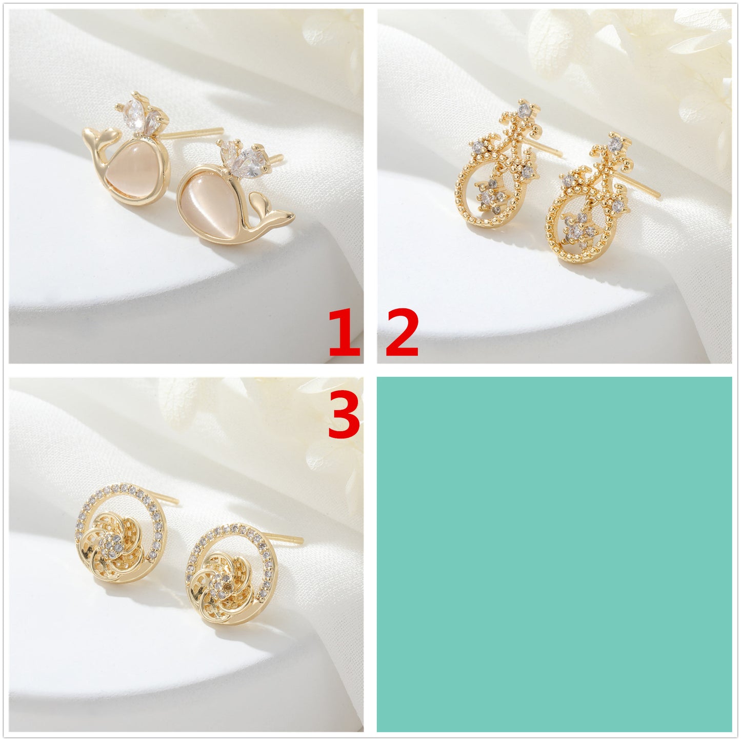 Boucles d'oreilles à tige florales à 4 baleines, ornées de strass GF 14 carats
