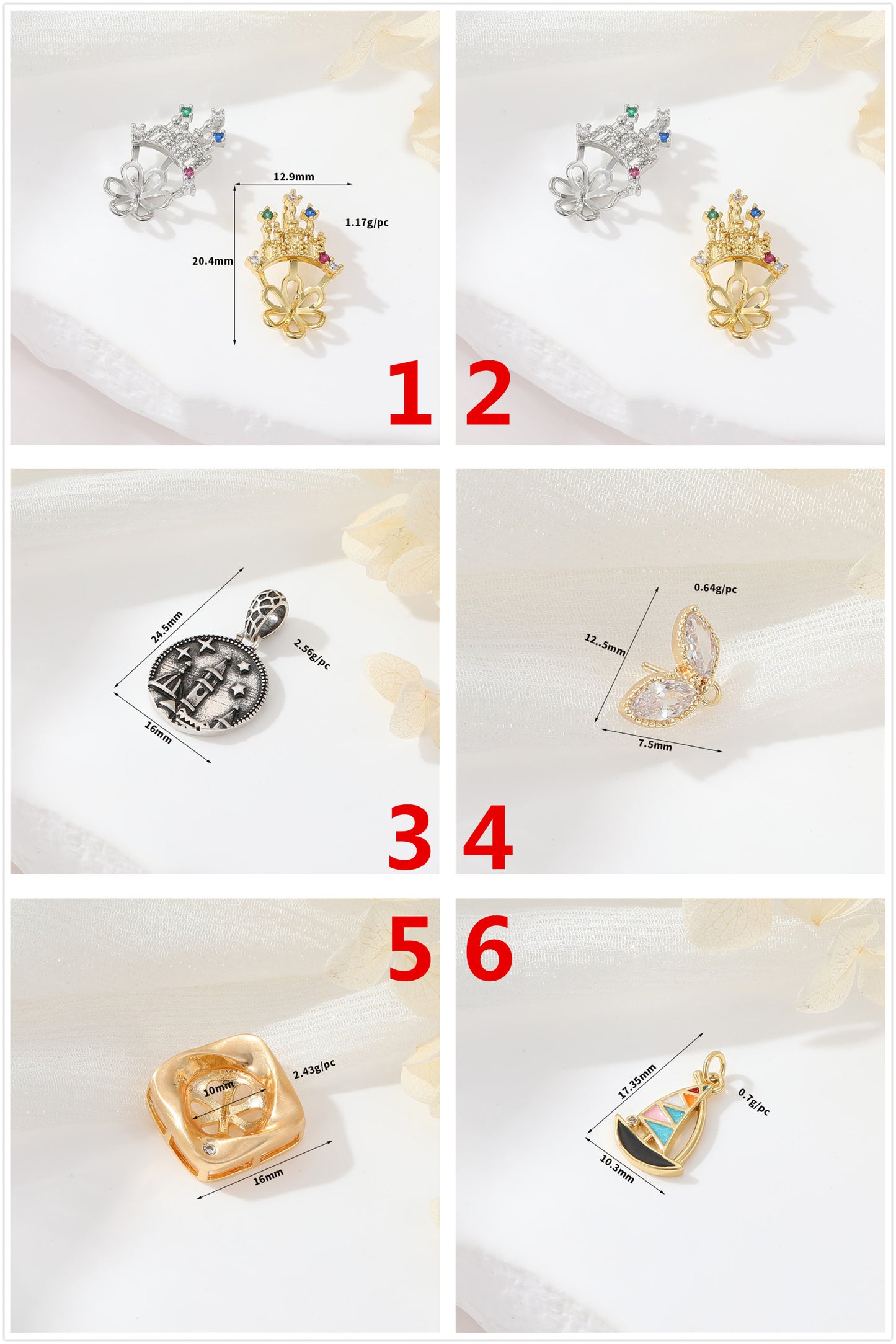 2 Château Couronne Feuille Carré Bateau Charme Pendentif Strass Embelli 14K GF Demi-Percé Perle Perle Vierge