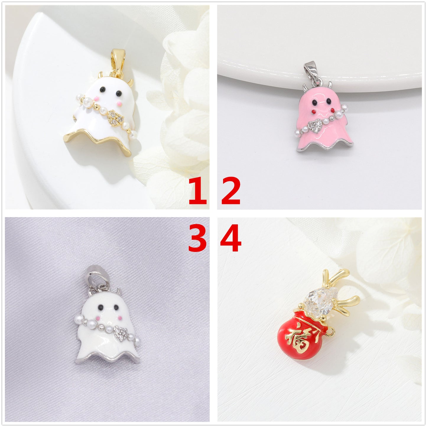 2 Pendentif Charme Fantôme Émail Époxy 14K GF Strass Embelli