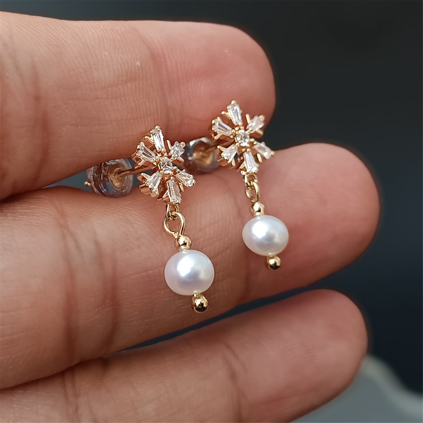 Boucles d'oreilles en perles d'eau douce naturelles, usage quotidien, 14K GF CZ, flocon de neige, clou d'oreille pendant