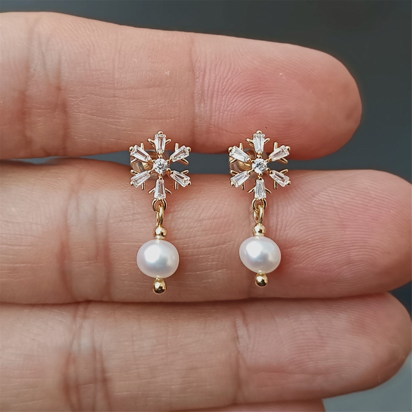 Boucles d'oreilles en perles d'eau douce naturelles, usage quotidien, 14K GF CZ, flocon de neige, clou d'oreille pendant