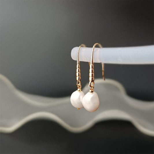 Natural Freshwater Baroque Pearl Hook Earrings Daily Wear 14K GF Ringed Waterdrop Ear Hooks Dangle Earing