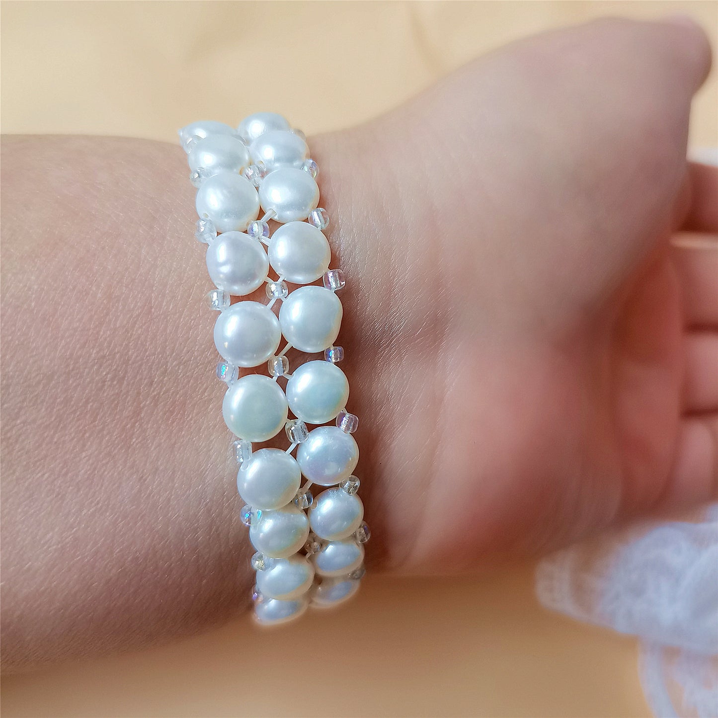 7MM White Freshwter Pearl Two Rows Bracelet 7" Natural Bead Elastic Braid Bangle