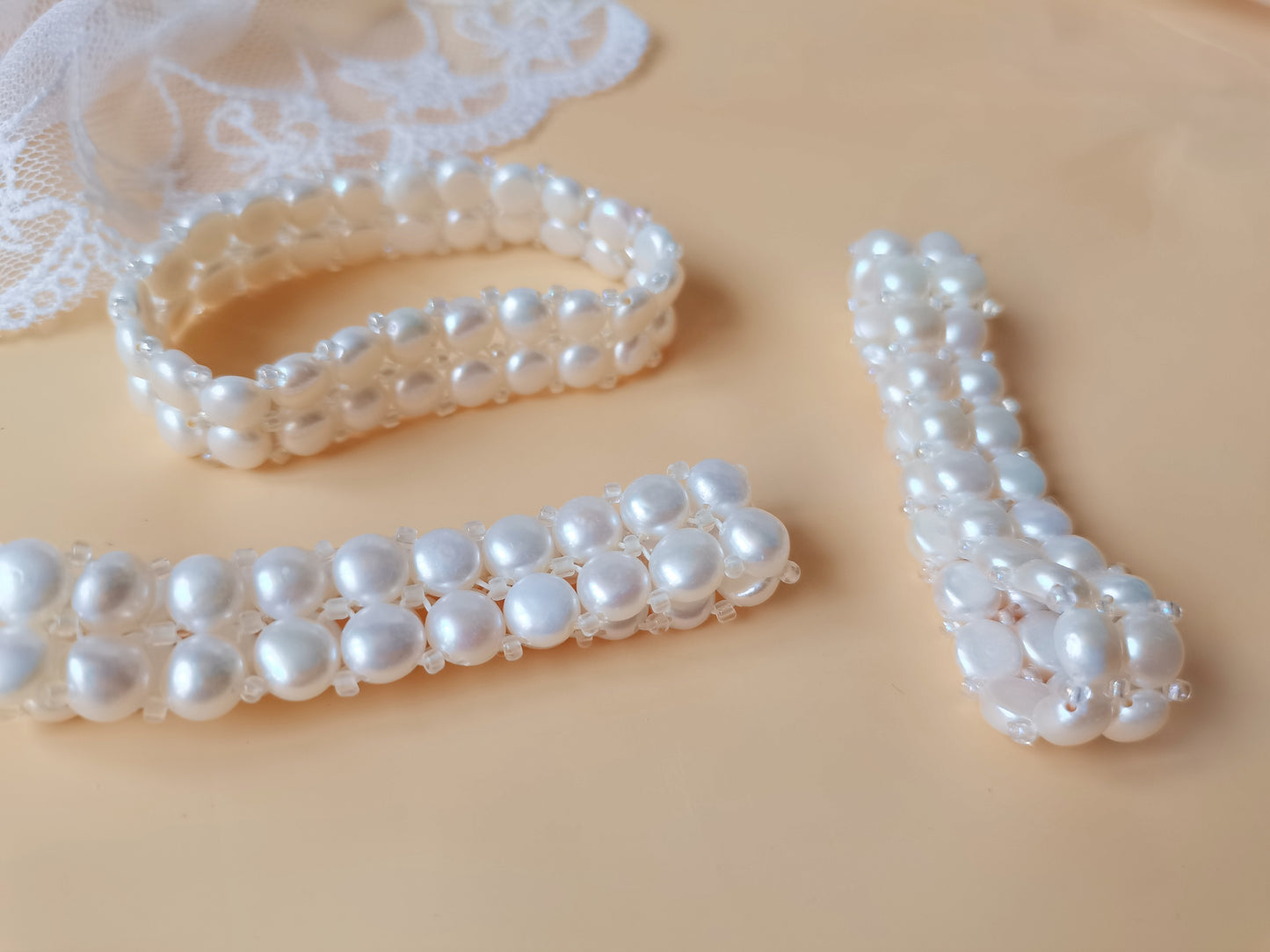 7MM White Freshwter Pearl Two Rows Bracelet 7" Natural Bead Elastic Braid Bangle