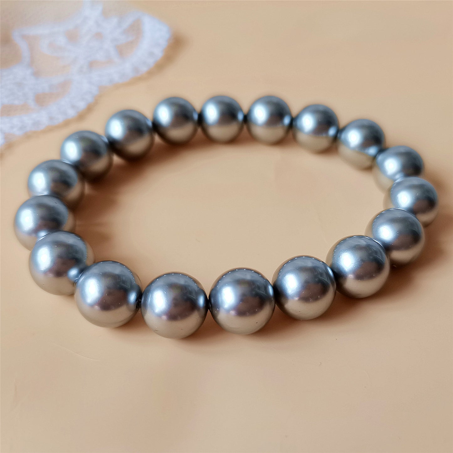 High Quality 10MM Gray Shell Pearl Bracelet 7" South Sea Beaded Elastic Bangle