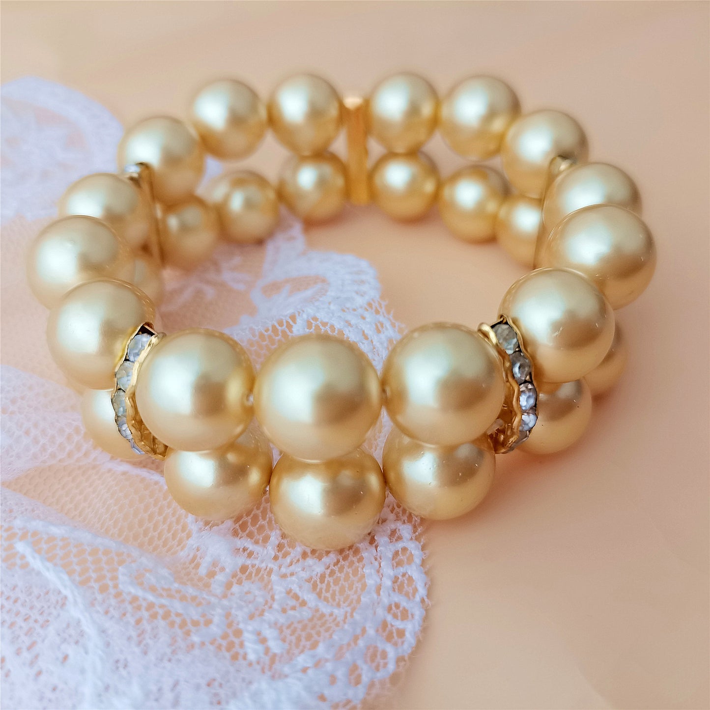 12MM Golden Shell Pearl Two Rows Bracelet 7" South Sea Beaded Elastic Bangle