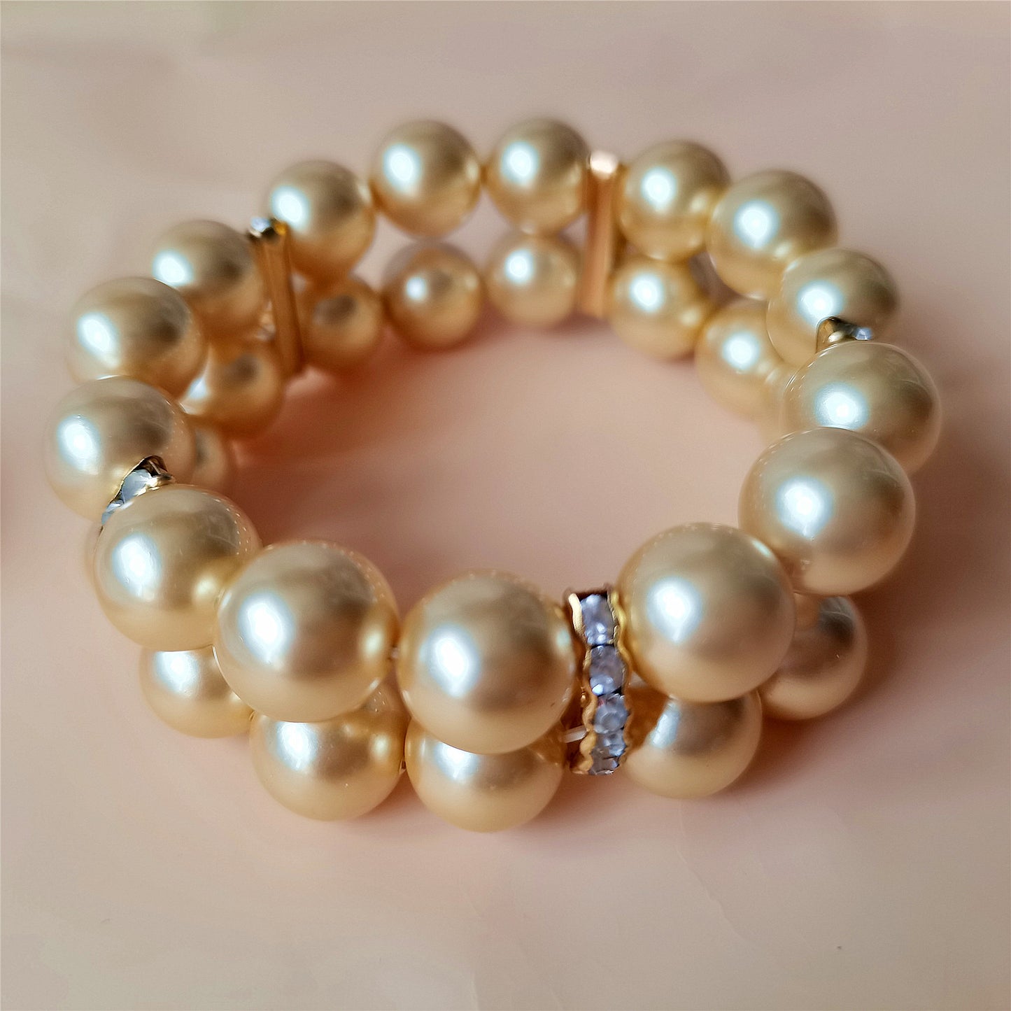 12MM Golden Shell Pearl Two Rows Bracelet 7" South Sea Beaded Elastic Bangle