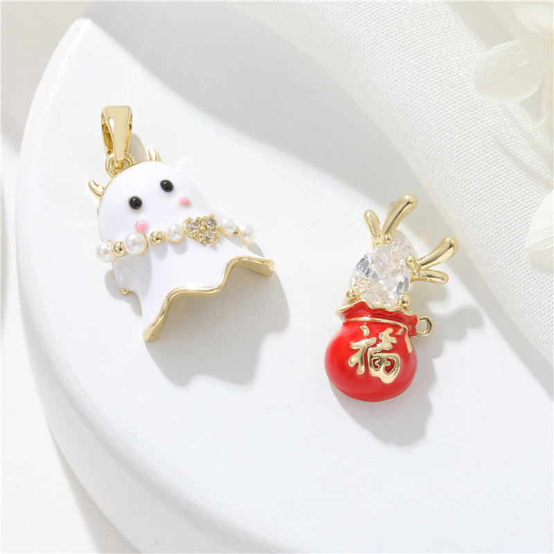 2 Pendentif Charme Fantôme Émail Époxy 14K GF Strass Embelli