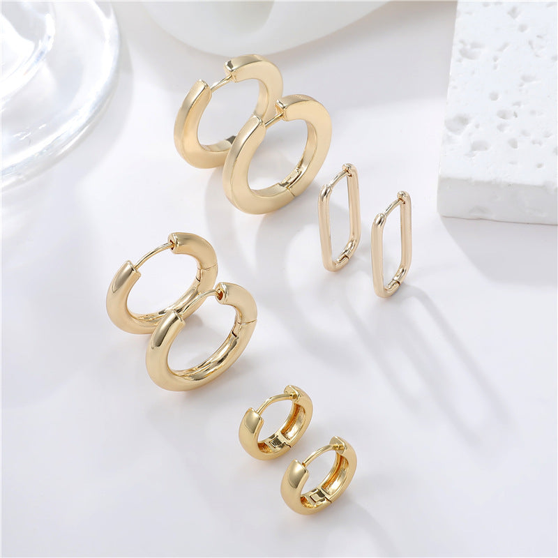 4 boucles d'oreilles créoles rondes rectangulaires brillantes 14K GF Earing