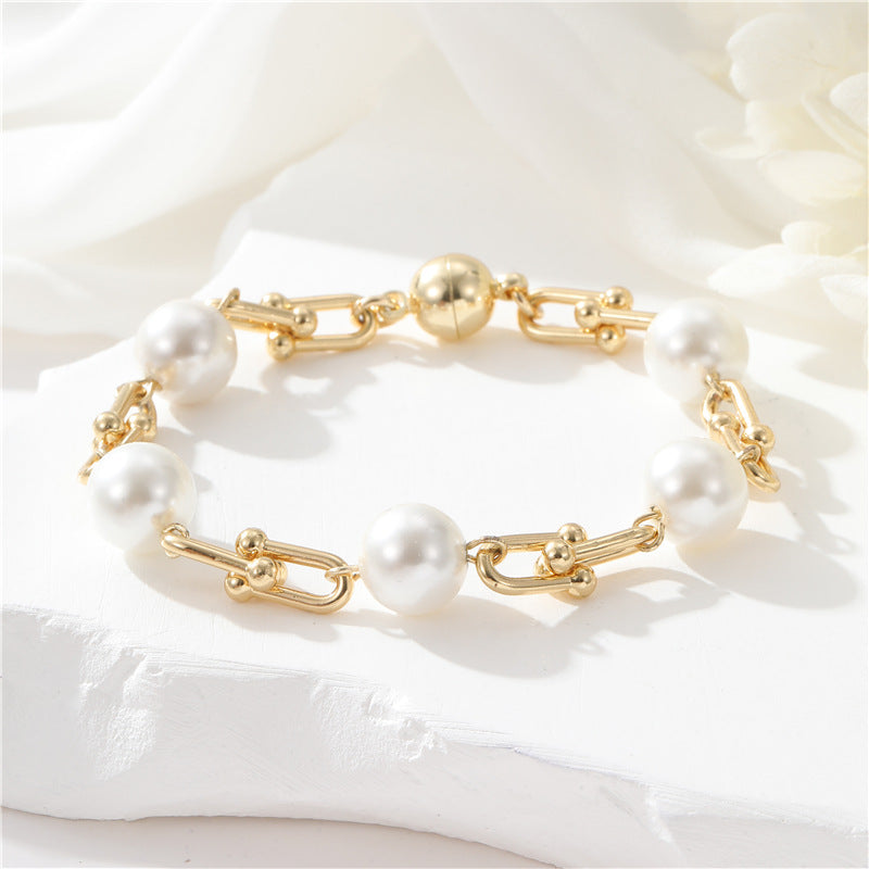 Bracelet à breloques en perles avec 2 gros maillons ovales, chaîne câblée, bracelet 14K GF