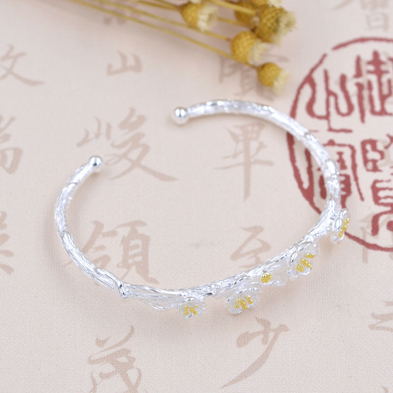 Bracelet floral prune en argent sterling à cercle ouvert S925