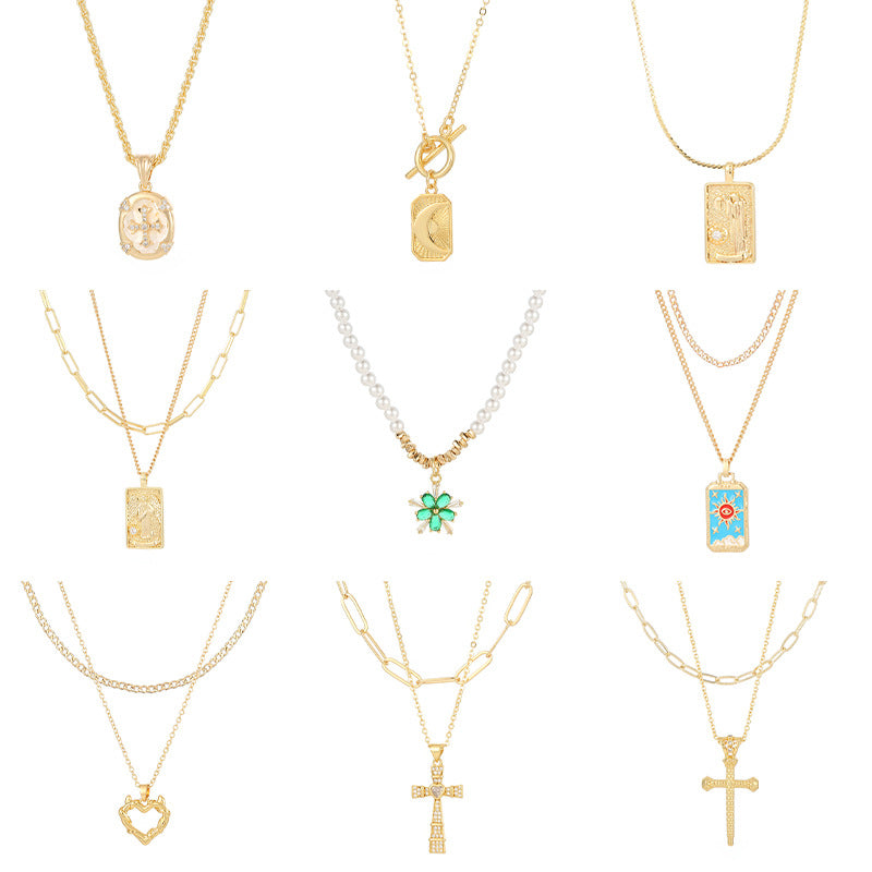 2 Blumen Kreuz Herz Rechteck Tarot Karte Charm Kabel Schlange Singapur Kette Halskette Strass verziert 14K GF Choker