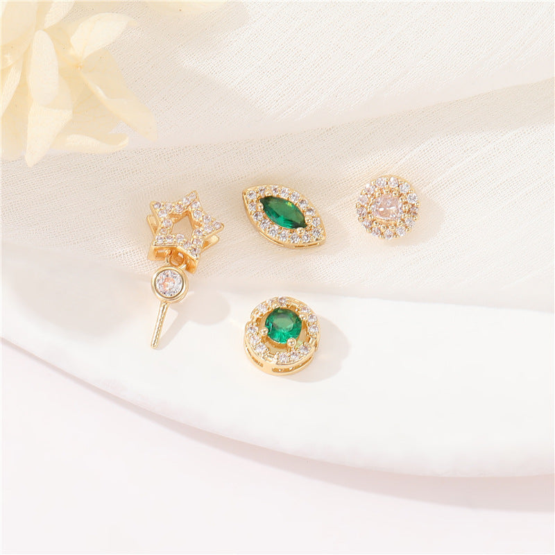 2 Flat Olive Star Round Bead Charm Rhinestone Embellished 14K GF Beadwork Spacer