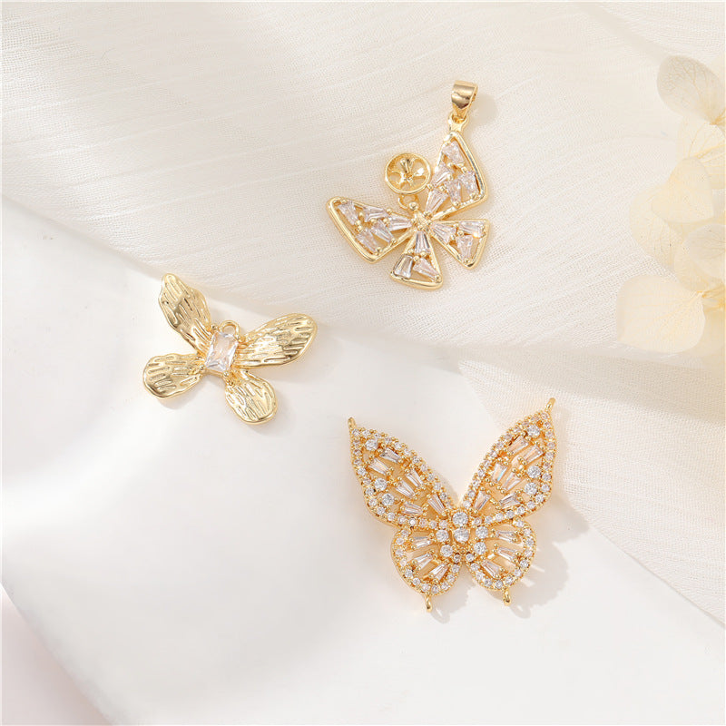 2 Butterfly Charm Pendant Rhinestone Embellished 14K GF