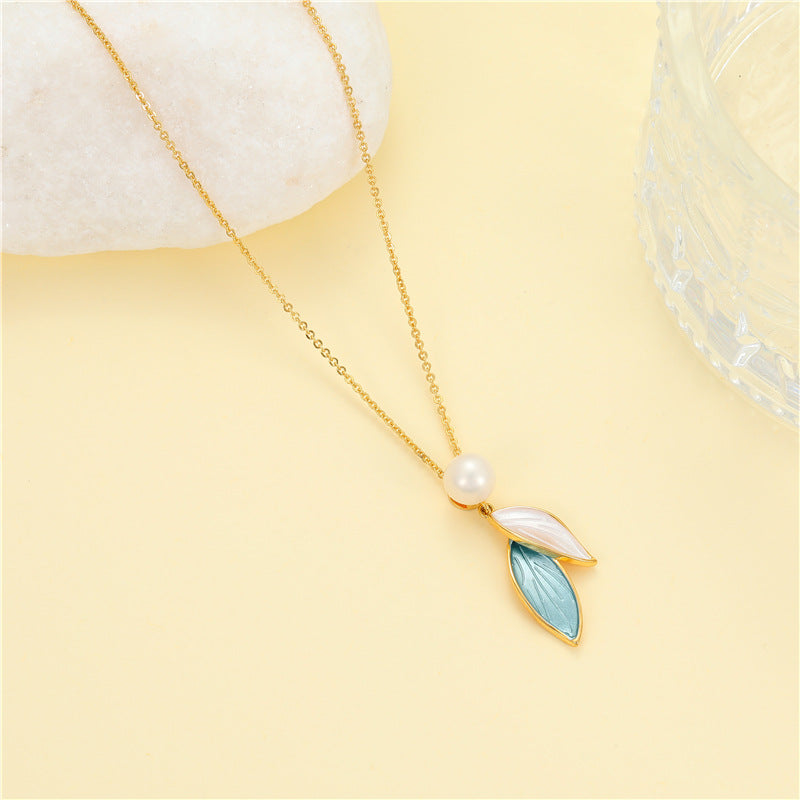 2 Emaille-Epoxidharz-Blatt-Charm-Kabelketten-Halskette mit Perlenverzierung, 14-Karat-GF-Halsband mit Verlängerung