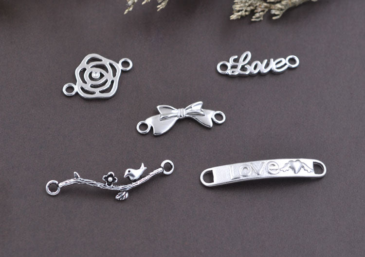Sterling Silver Double Looped Branch Bowknot Love Rose Charm Connector S925 Finding