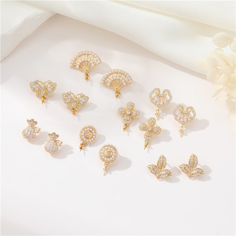 4 éventails papillon Floral Moneybag feuille boucles d'oreilles strass perle embellie 14K GF boucle d'oreille demi-percée perle perle vierge