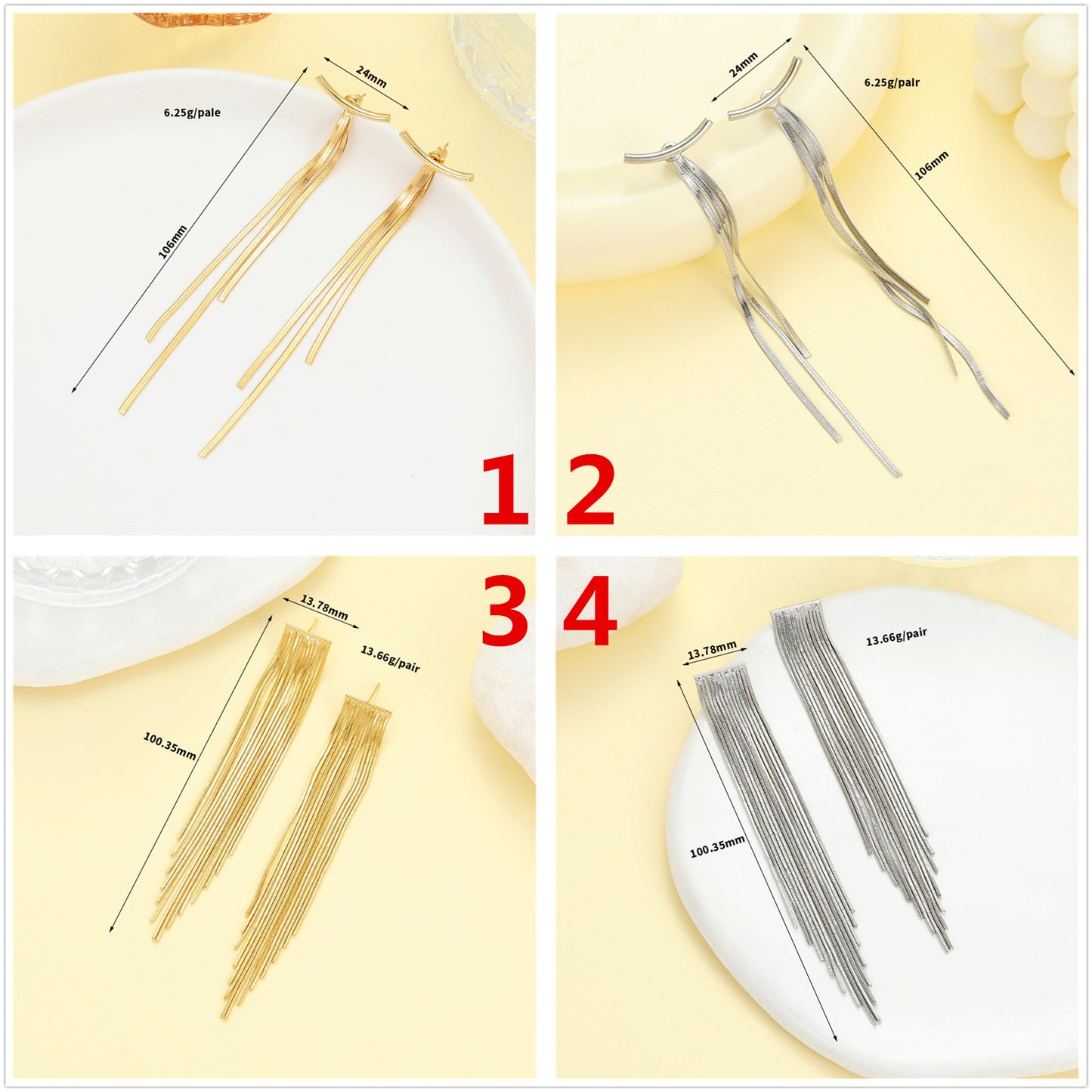 4 boucles d'oreilles à pampilles en chaîne serpent, ornées de strass, boucles d'oreilles 14K GF