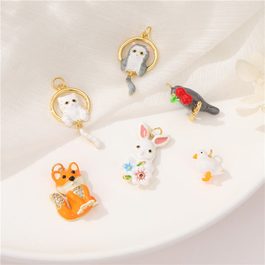 2 Chien Lapin Pigeon Chat Oiseau Charme Pendentif Émail Époxy 14K GF Strass Embelli