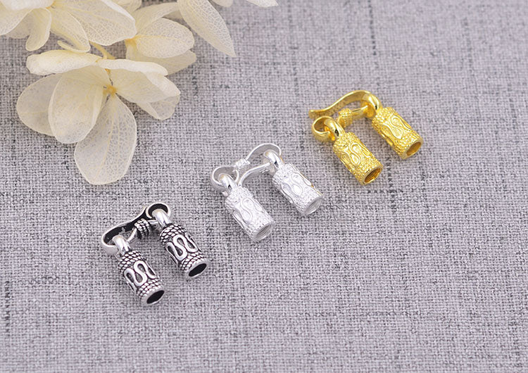 Fermoir d'extrémité de cordon rond en argent sterling, clips en cuir fins S925