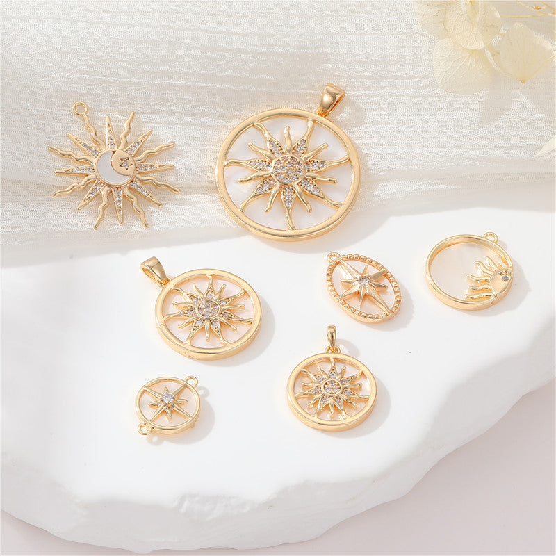 2 pendentif à breloque soleil, lune et étoile, coquille en strass 14K GF ornée