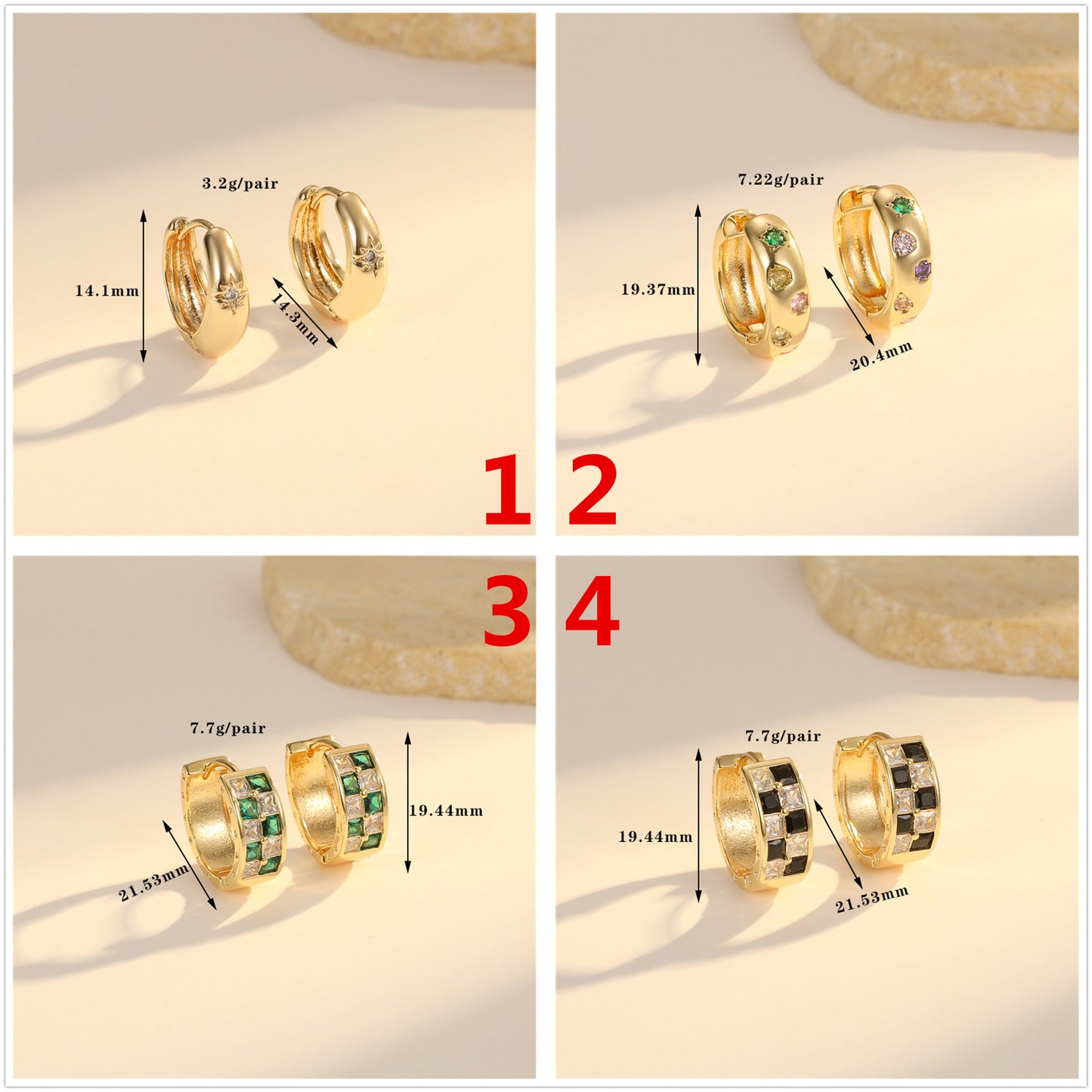 Boucles d'oreilles créoles à grille 4 étoiles ornées de strass 14K GF