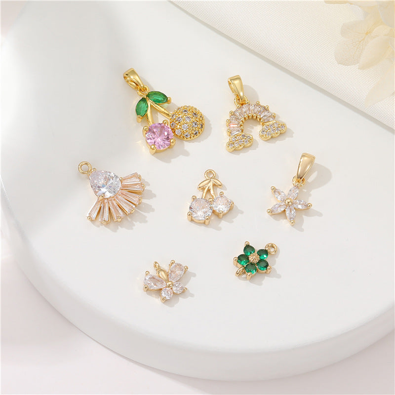 2 pendentifs à breloque en forme d'éventail de papillons floraux de cerise en demi-cercle ornés de strass 14K GF