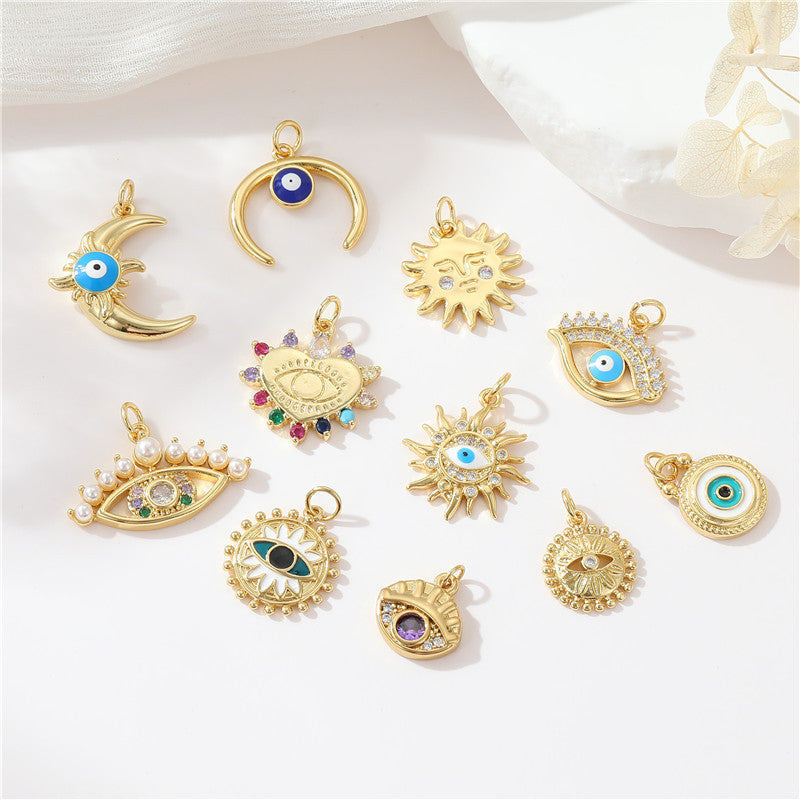 2 Evil Eye Moon Sun Charm Pendentif Émail Epoxy 14K GF Strass Embelli