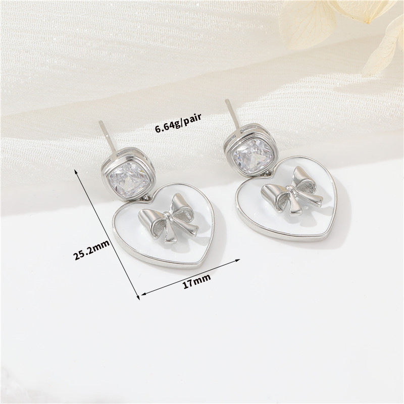 Boucles d'oreilles à tige avec 4 nœuds papillon, breloque en forme de cœur, demi-cercle, ornées de strass, 14 carats, GF
