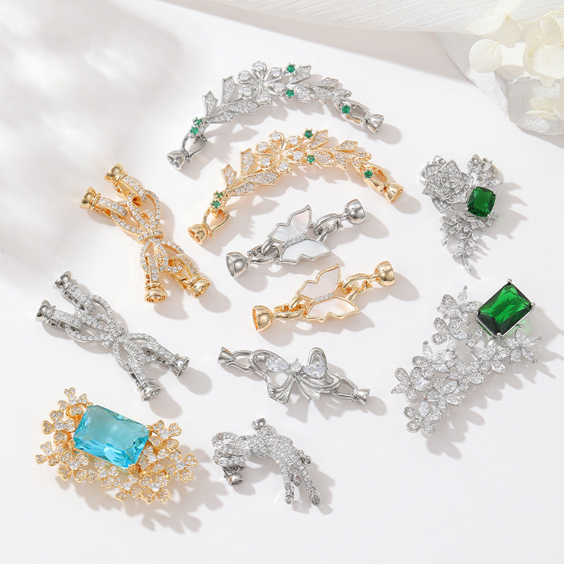 2 Schleife, Schmetterling, Blumen-Karabinerverschluss, Muschel-Strasssteinverzierung, 14-karätige GF-Federschnallenverschlüsse, Verbinder