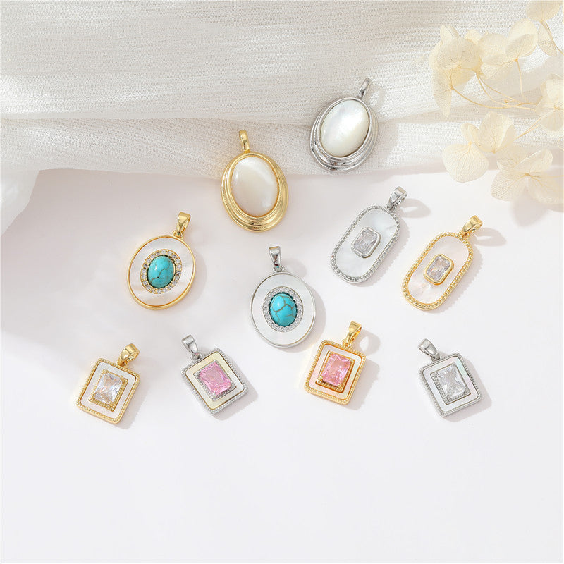 2 Square Oval Rectangle Oblong Charm Pendant Turquoise Shell Rhinestone Embellished 14K GF