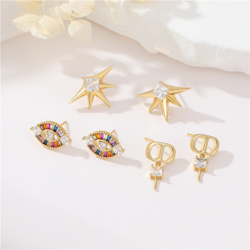 4 Star Eye Stud Earrings Rhinestone Embellished 14K GF Earing