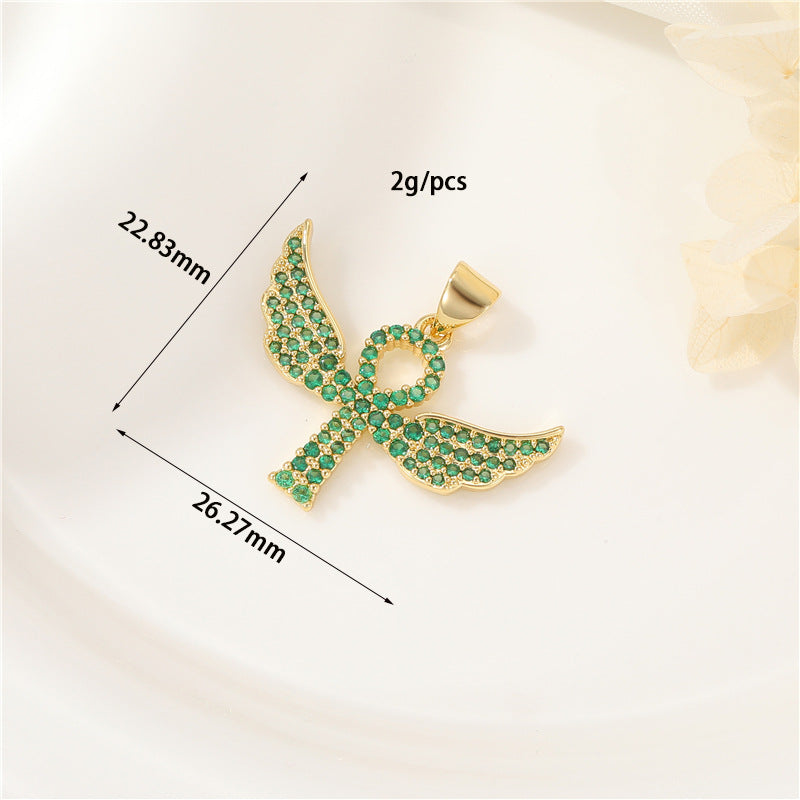 Angel Cross Charm Pendant Rhinestone Embellished 14K GF