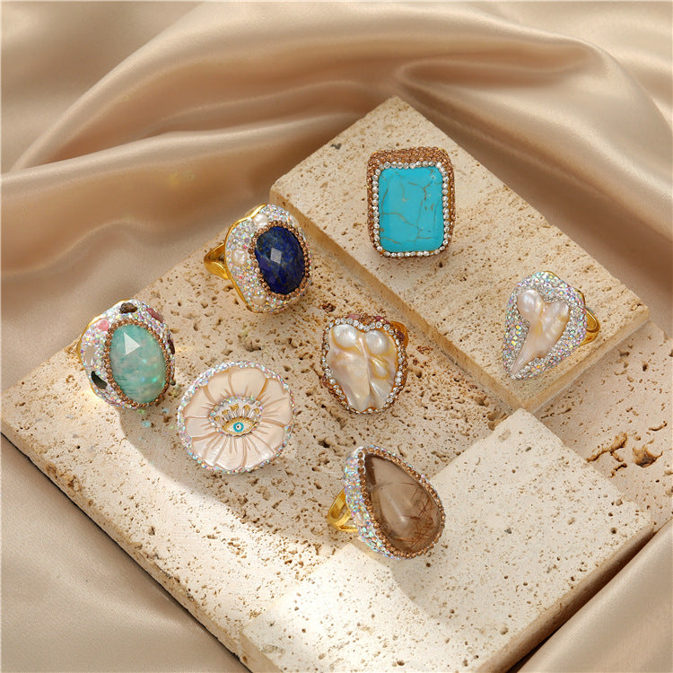 2 bague de déclaration en pierre naturelle à cercle ouvert, coquille de perle, Amazonite, Turquoise, Quartz rutilé, 14K GF