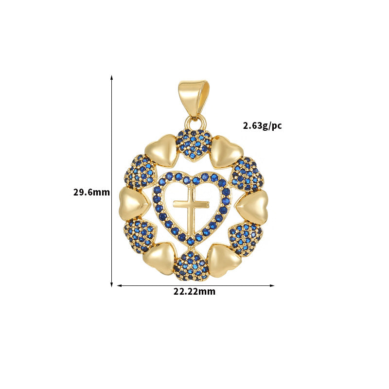 2 Round Cross Heart Charm Pendant Rhinestone Embellished 14K GF