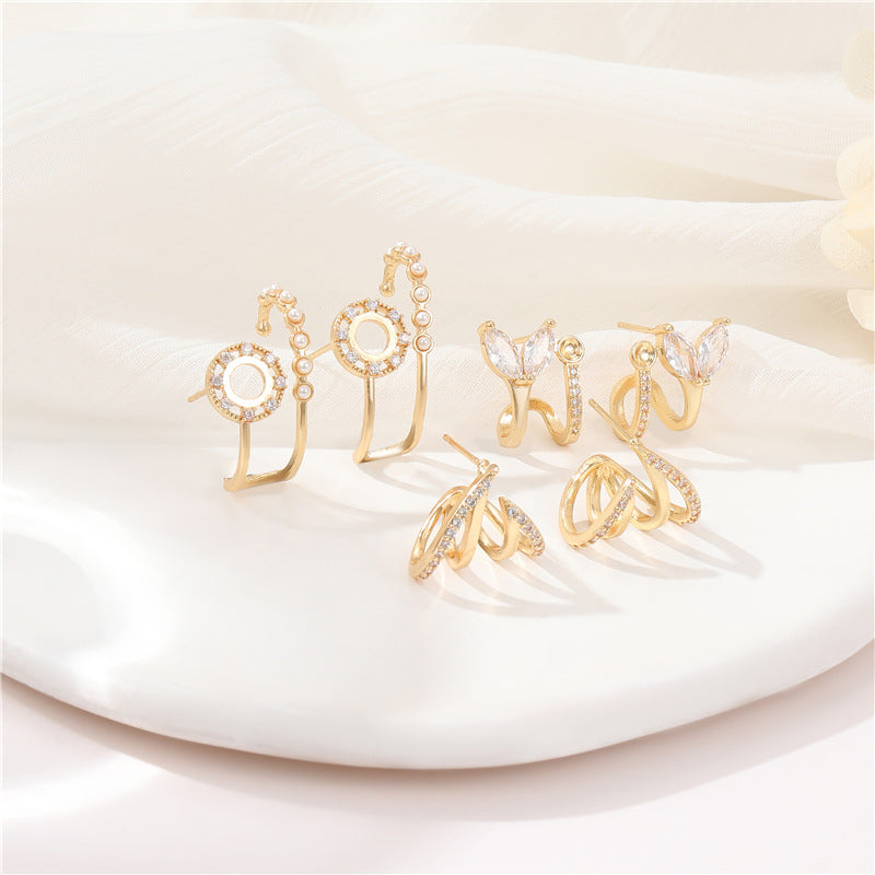 4 boucles d'oreilles florales en demi-cercle ornées de strass 14K GF Earing