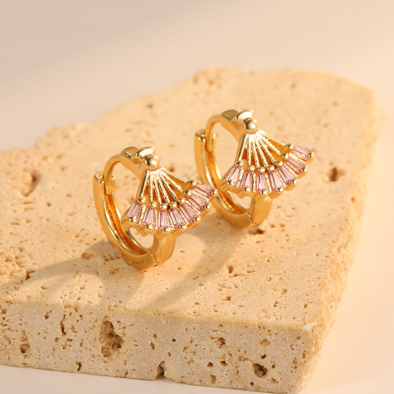 4 boucles d'oreilles créoles en éventail trapèze ornées de strass 14K GF